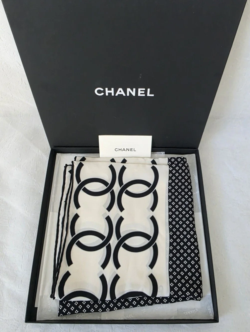 CHANEL Black & White Interlocking CC Silk Scarf